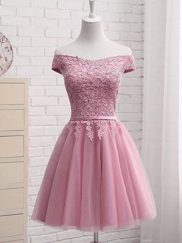 Boat Neck Lace Short Chiffion A Line Prom Dress