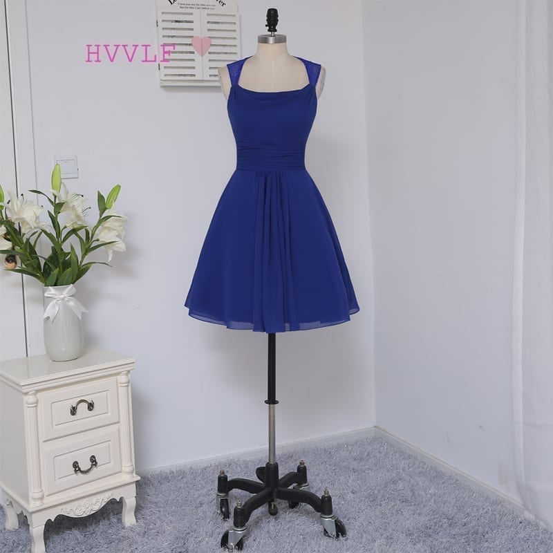 A-line Scoop Short Mini Royal Blue Chiffon Lace Bridesmaid Dress