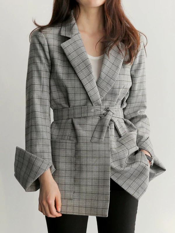 Elegant Gray Bow Sashes Split Sleeve Plaid Office Blazer Jacket