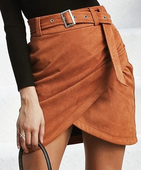 High Waist Belt Suede Irregular Bodycon Mini Skirt