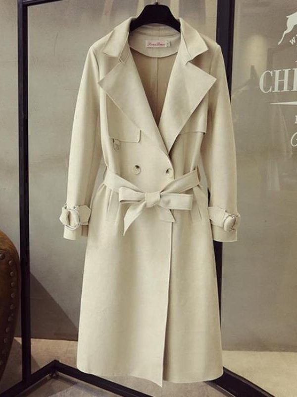 Turn Down Collar Sash Suede Long Trench Coat