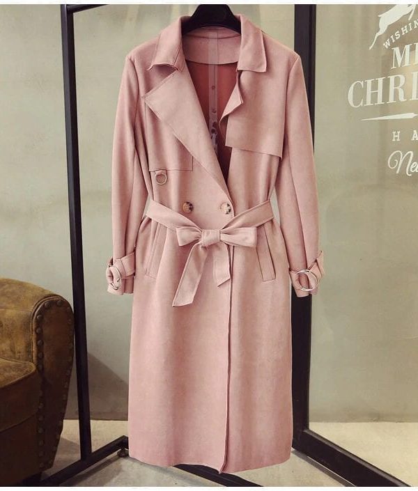 Turn Down Collar Sash Suede Long Trench Coat
