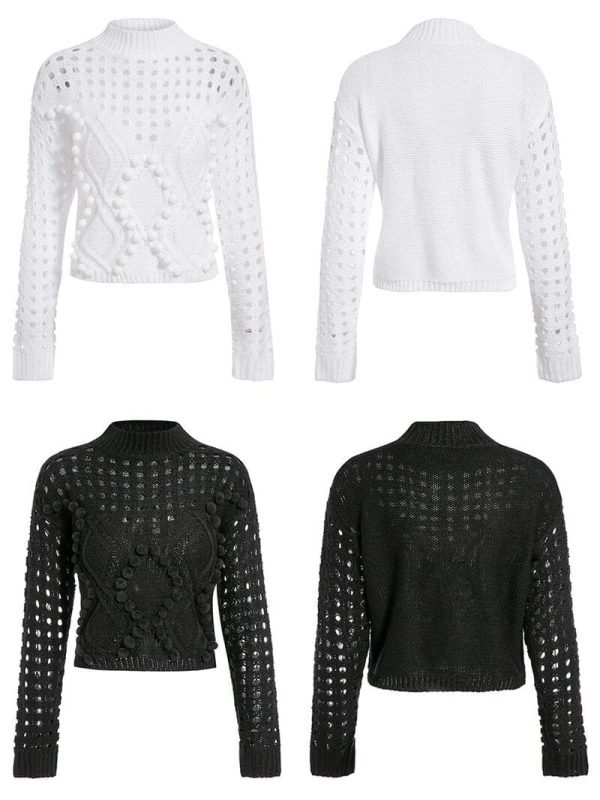 White Black Long Sleeve Hollow Out Knitted Sweater