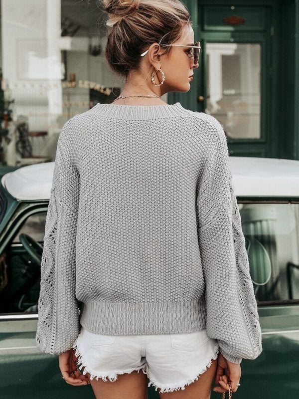 Gray Hollow Out Knitted Lantern Sleeve Sweater