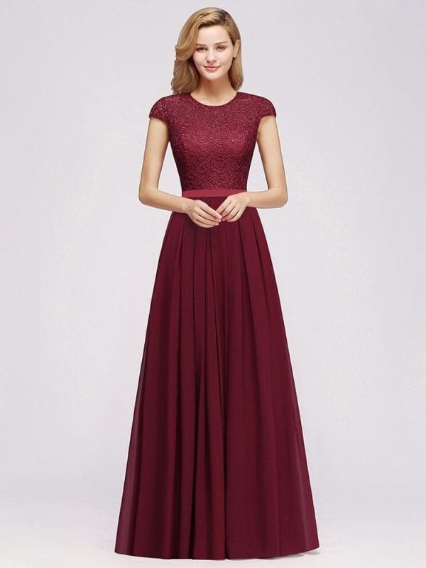 Lace Chiffon Burgundy Long Bridesmaid Dress