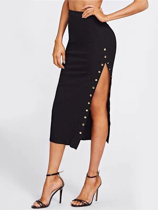 Elegant Black Studs High Slit Pencil Skirt