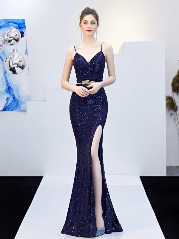 Navy Blue Spaghetti Straps Sequin Evening Prom Dress