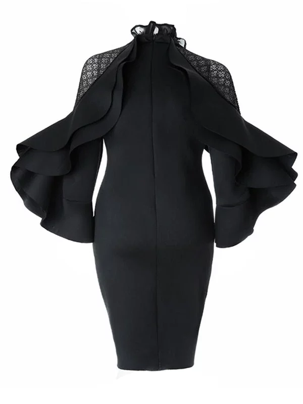 Elegant Long Sleeve Ruffles Black Large Size Bodycon Dress - Dresses - Uniqistic.com