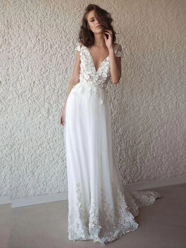 White Appliques Lace V Neck Long Backless Boho Beach Wedding Dress