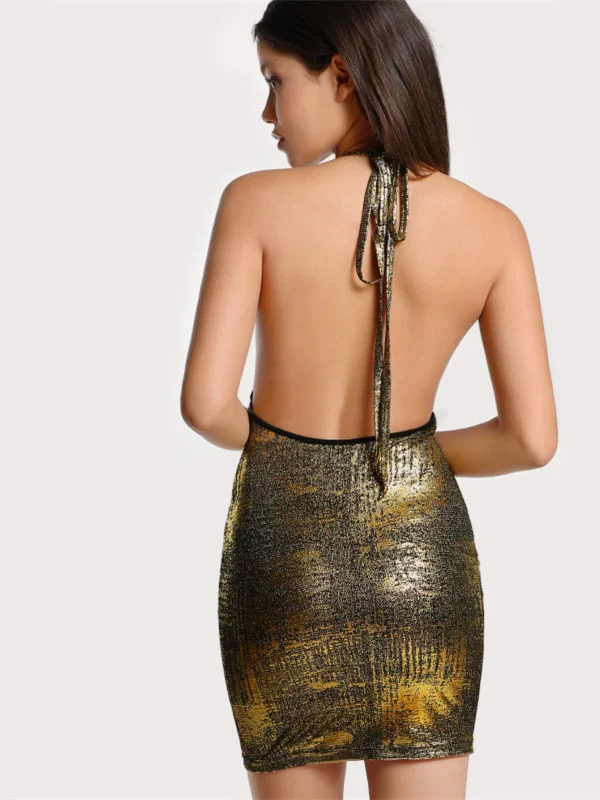 Backless Gold Drape Neck Halter Tie Metallic Bodycon Dress