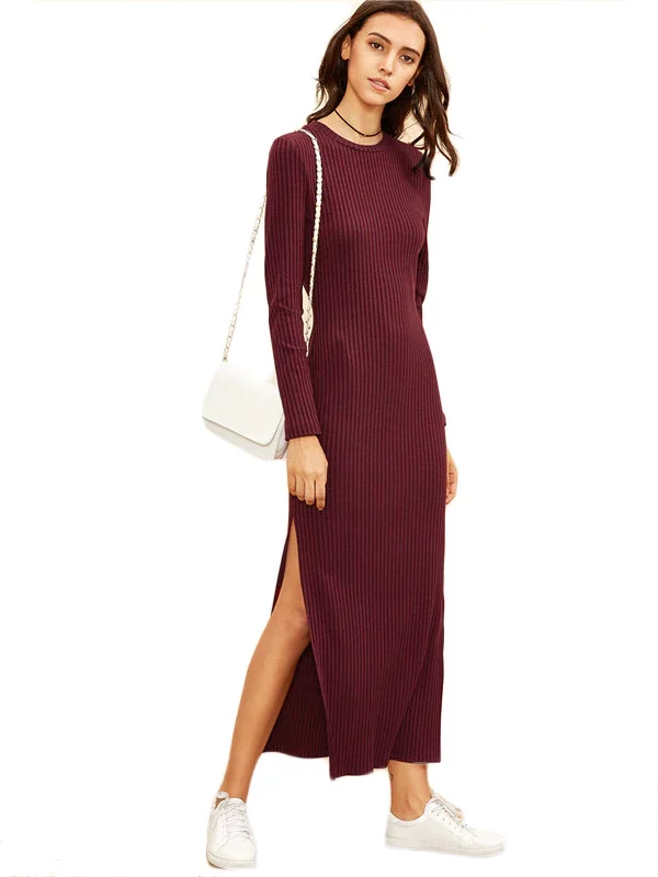 Burgundy Knitted Long Sleeve High Slit Ribbed Dress