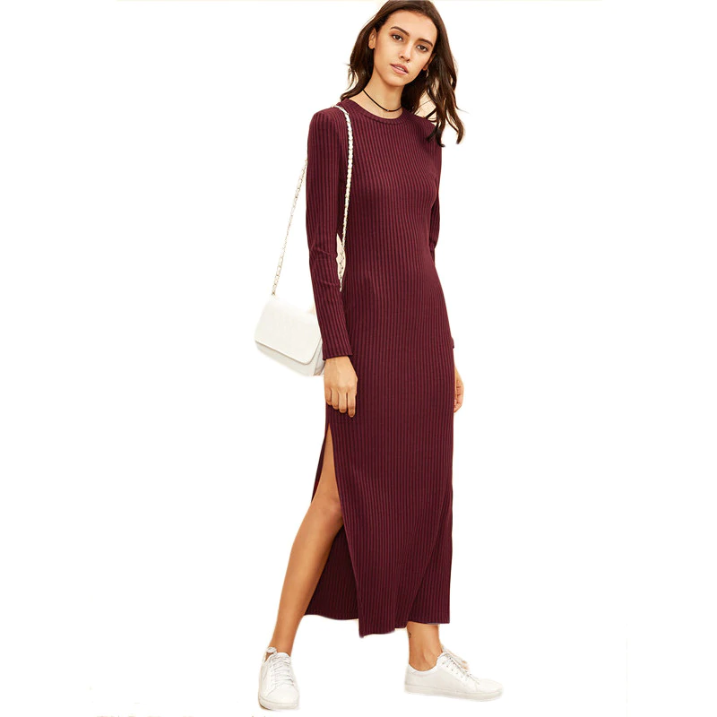 Burgundy Knitted Long Sleeve High Slit Ribbed Dress