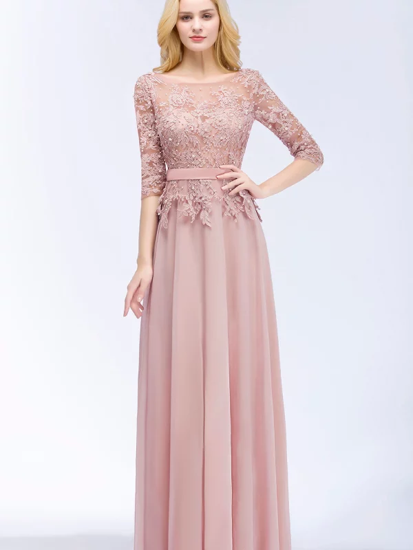 Elegant Pink Navy Blue Chiffon A-Line 3/4 Sleeve Long Bridesmaid Dress in Bridesmaid dresses