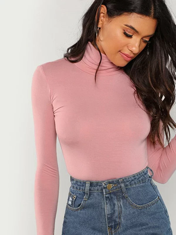 Pink Turtleneck Long Sleeve T-Shirt Blouse in Blouses & Shirts