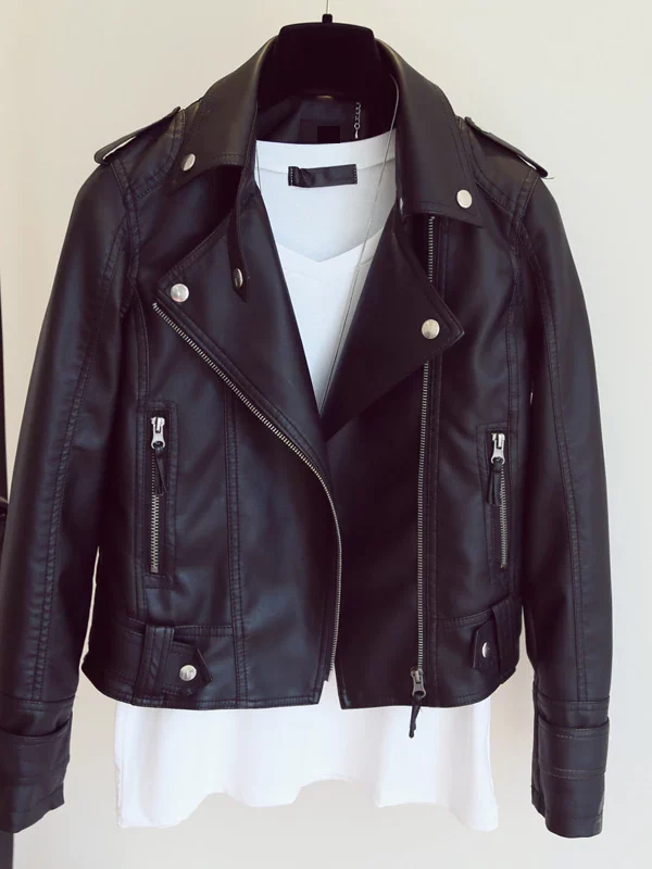 Black Pink Rivet Zipper Pu Soft Leather Motorcycle Jacket