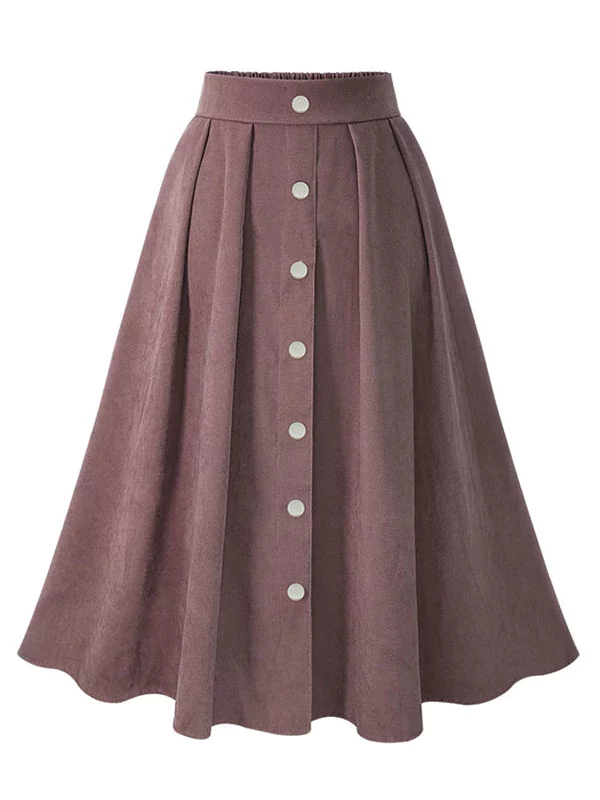 Pleated Button High Waist Elastic Mid Skirt