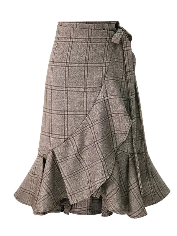 Plaid Pleated Hem Ruffles Irregular Bottom Skirt
