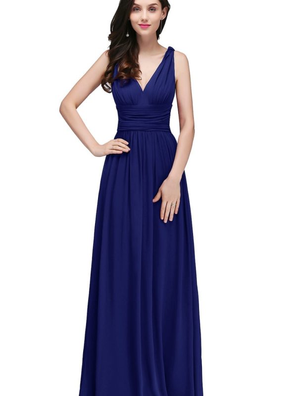 Royal Blue Chiffon V Neck Sleeveless Long Bridesmaid Dress