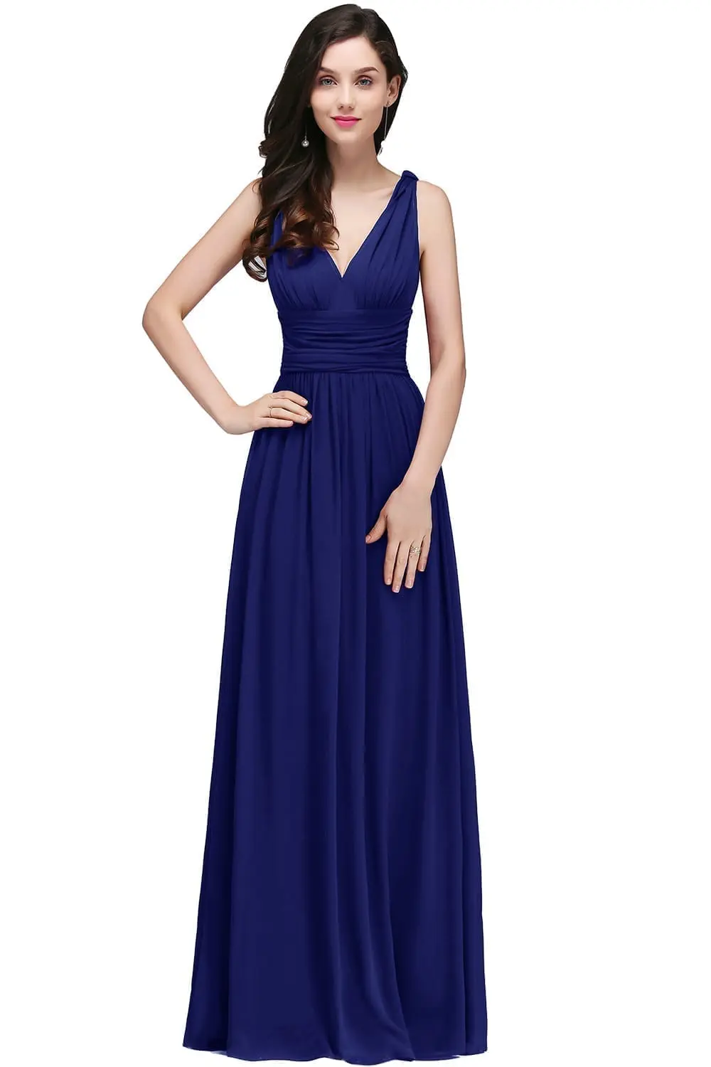 Royal Blue Chiffon V Neck Sleeveless Long Bridesmaid Dress