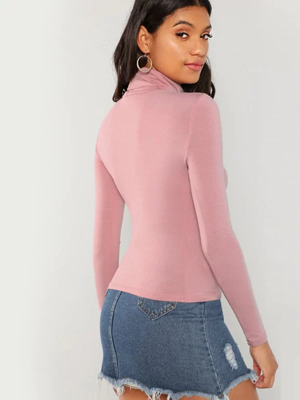 Pink Turtleneck Long Sleeve T-Shirt Blouse in Blouses & Shirts