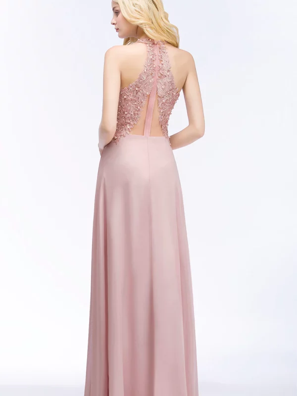 Elegant A Line Illusion Back With Pearls Floor Length Evening Dress