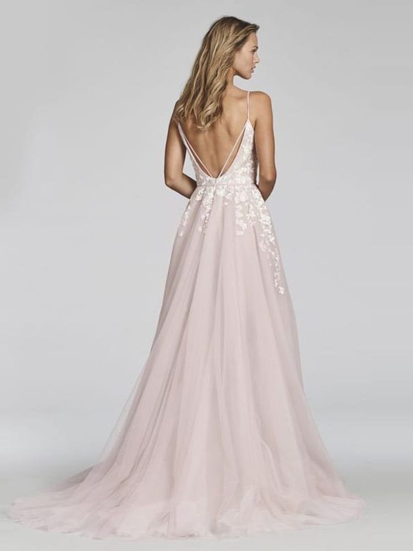 Dusty Pink A Line Lace Backless Puffy Tulle Beach Wedding Dress