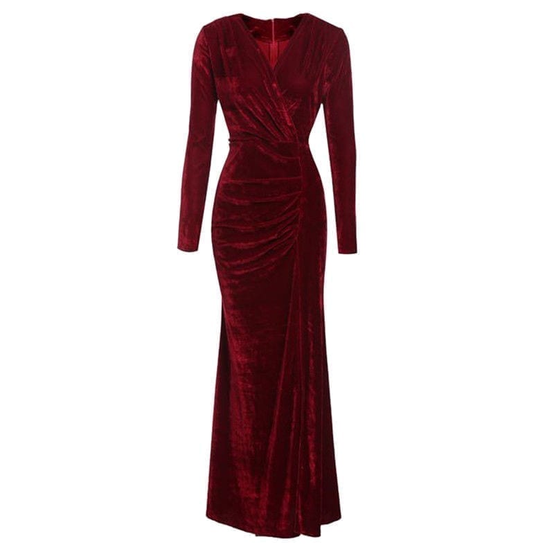Elegant Long Sleeve Green Red Velvet Sheath Dress
