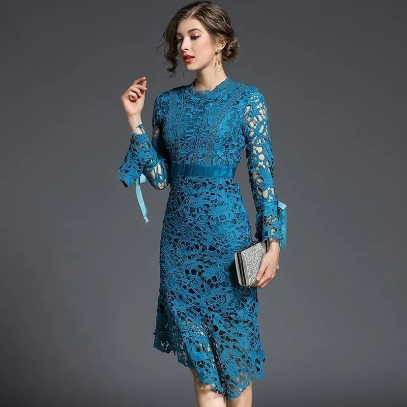 Lace Hollow Out O Neck Long Sleeve Patchwork Velvet Knee-Length Dress in Dresses