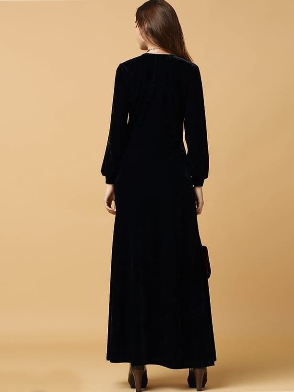Black Velvet Long Sleeved Plunge Neck Maxi Dress