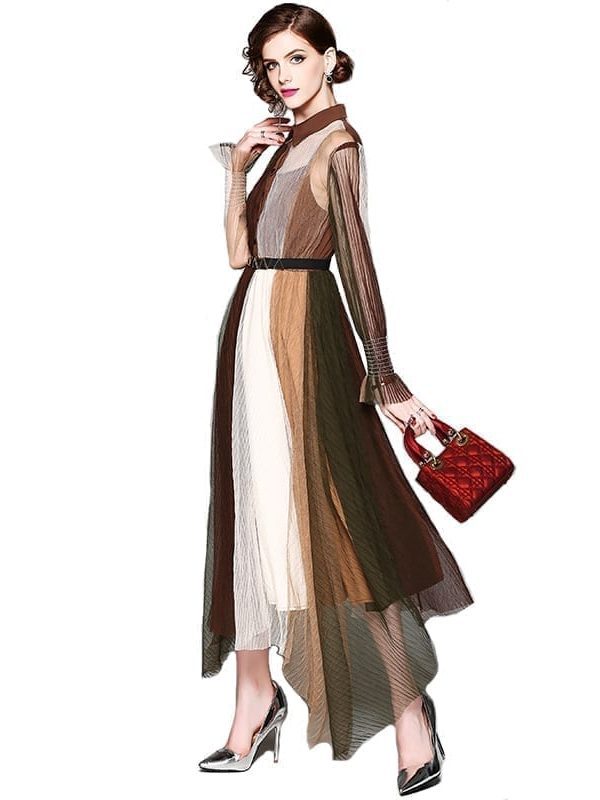 Elegant Turn-down Collar Long Sleeve Patchwork Long Dress