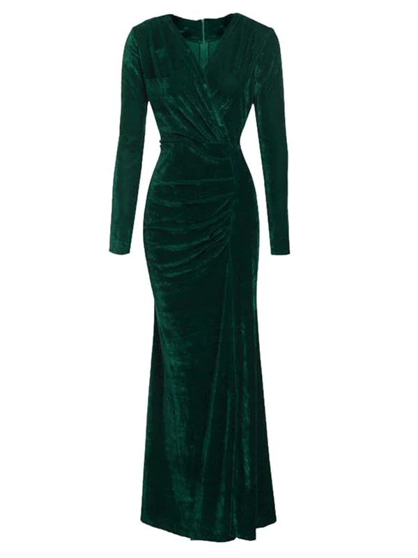 Elegant Long Sleeve Green Red Velvet Sheath Dress | Uniqistic.com