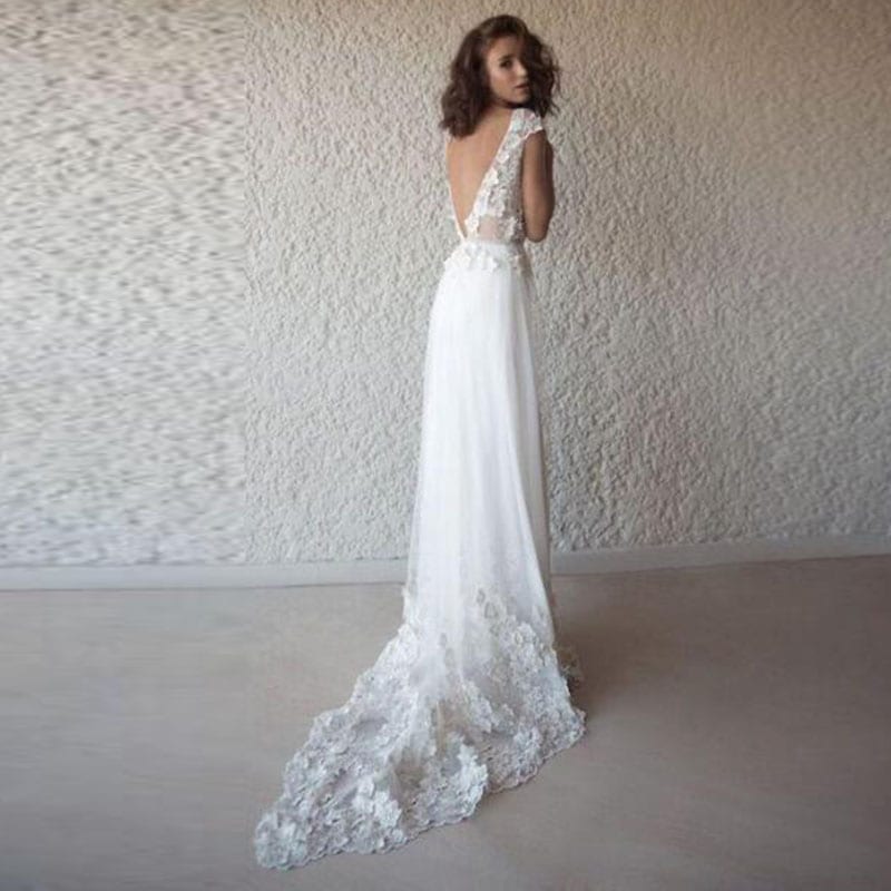 White Appliques Lace V Neck Long Backless Boho Beach Wedding Dress ...