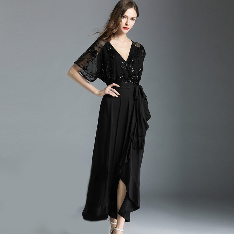 Black V-Neck Butterfly Sleeve Ankle-Length Dress | Uniqistic.com