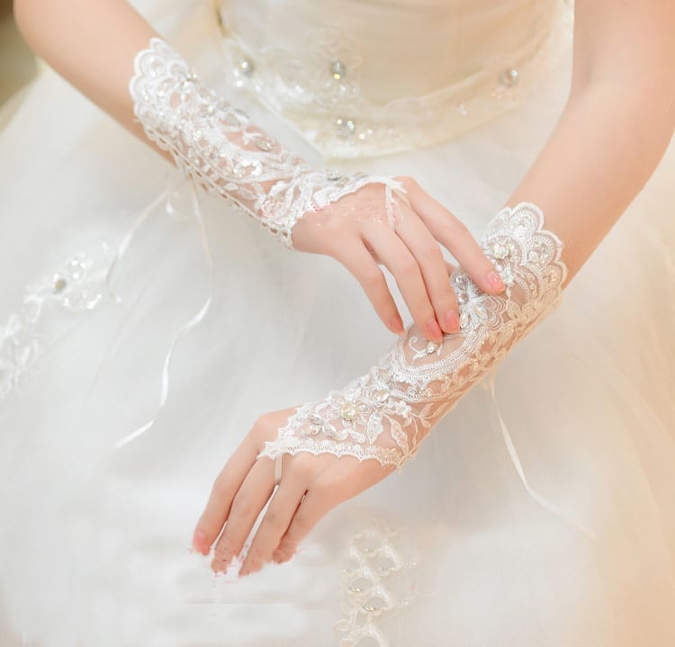 White Ivory Fingerless Rhinestone Lace Sequins Short Wedding Gloves Wedding Accessories