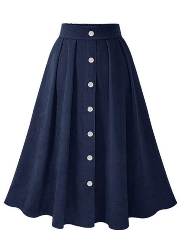 Pleated Button High Waist Elastic Mid Skirt