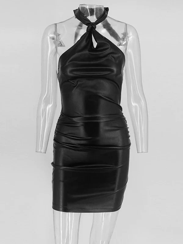Black Pu Halter Backless Bandage Mini Dress