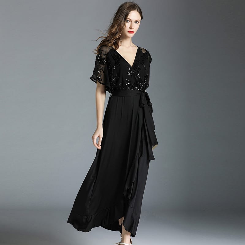 Black V-Neck Butterfly Sleeve Ankle-Length Dress – Fashion Wizard