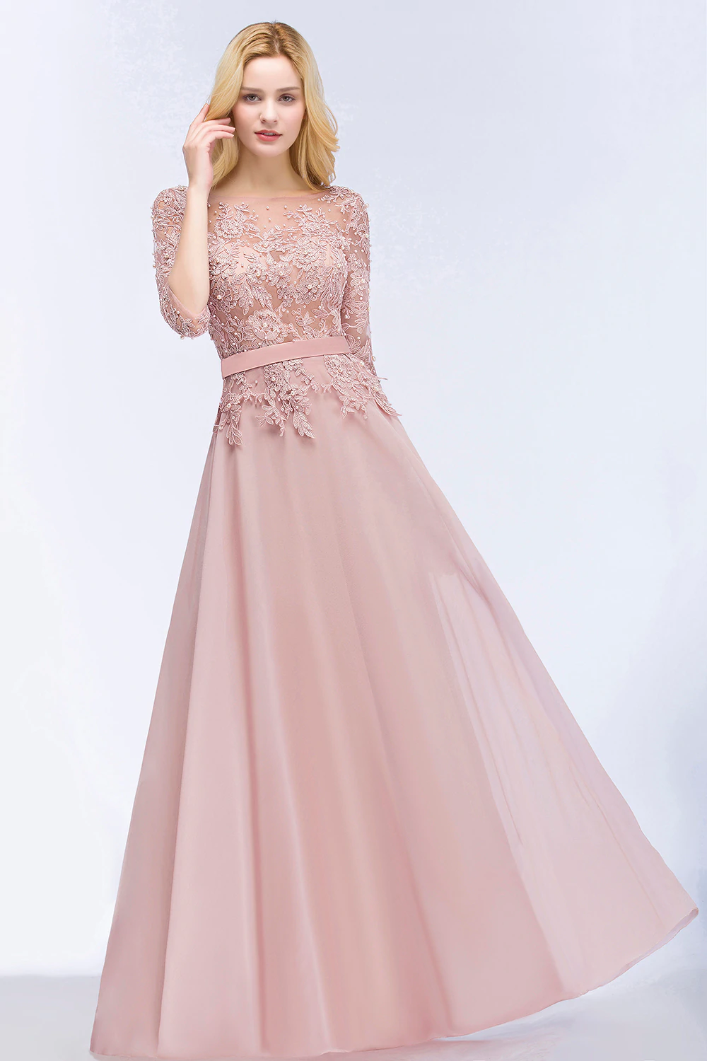 Elegant Pink Navy Blue Chiffon A-line 3/4 Sleeve Long Bridesmaid Dress