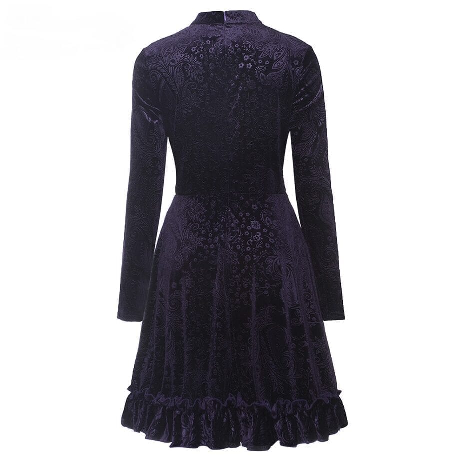 Bow Collar Long Sleeve A-line Hollow Printed Velvet Elegant Dress