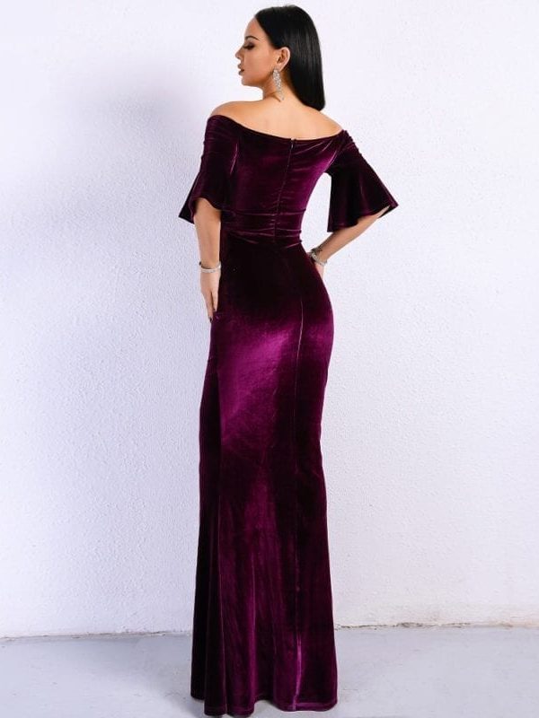 Purple Off Shoulder Velvet Bodycon Elegant Dress