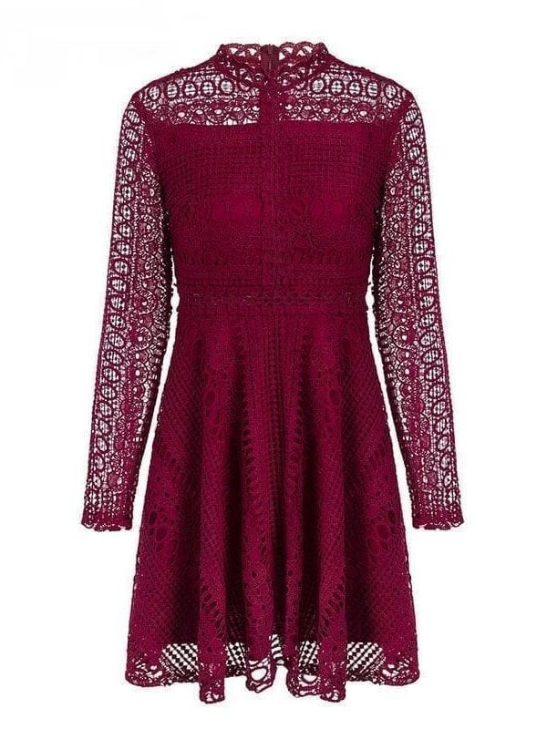 Elegant Burgundy White Lace Long Sleeve Hollow Out Dress