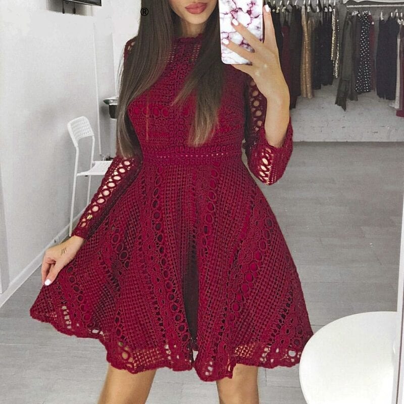 Elegant Burgundy White Lace Long Sleeve Hollow Out Dress