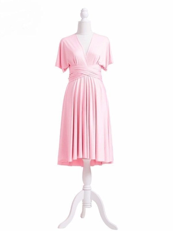 Blush Pink Wrap Dress With Sleeves Knee Length Bridesmaid Dress
