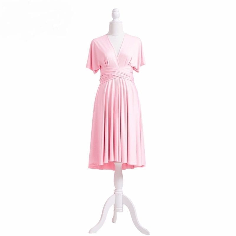 Blush Pink Wrap Dress With Sleeves Knee Length Bridesmaid Dress