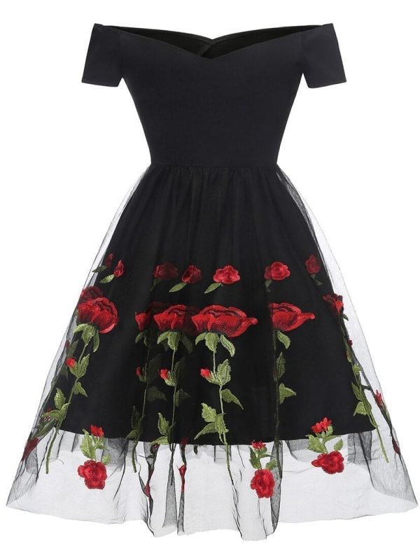 Vintage Off Shoulder Embroidered Floral Black Dress