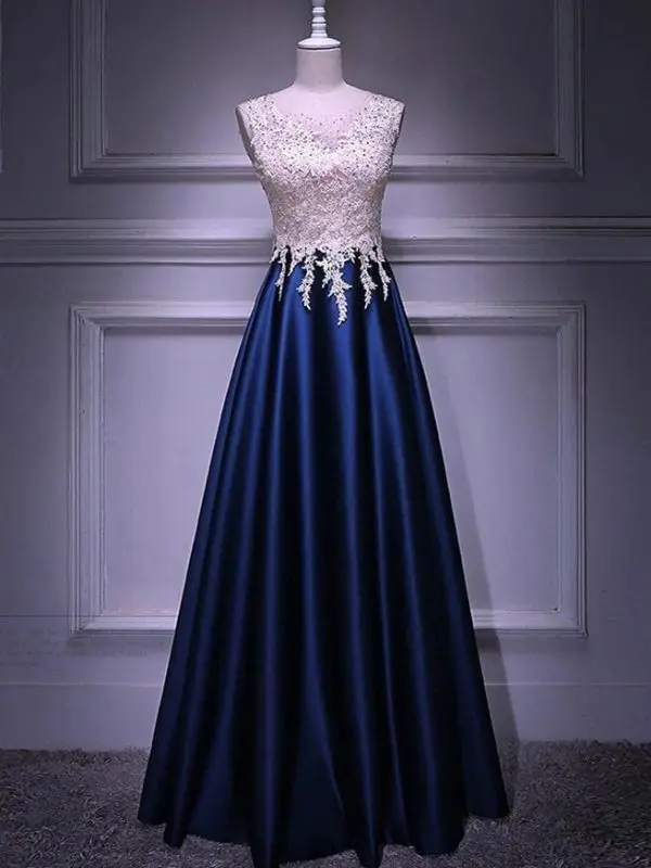 Navy Blue Satin Sleeveless Long Prom Dress