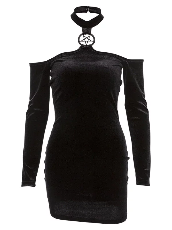 Black Long Sleeve Halter Velvet Dress