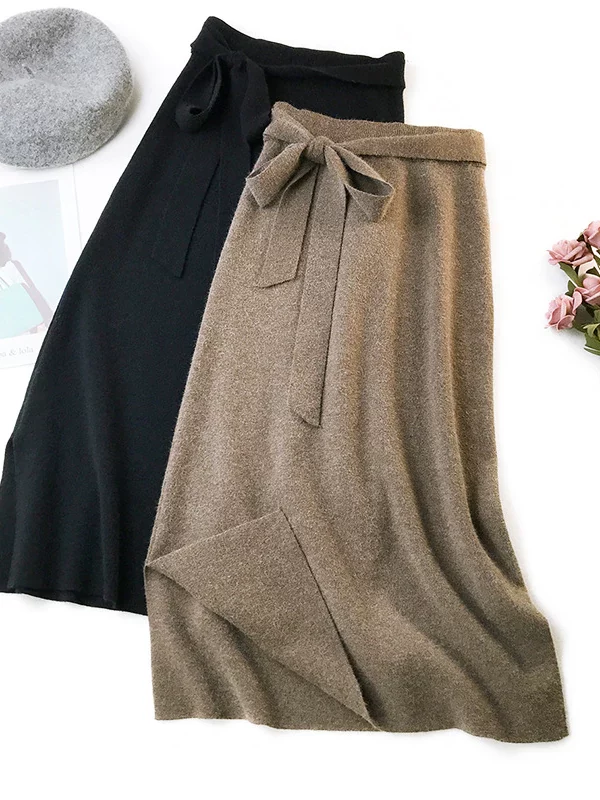 Elegant High Waist Split Knit Skirt