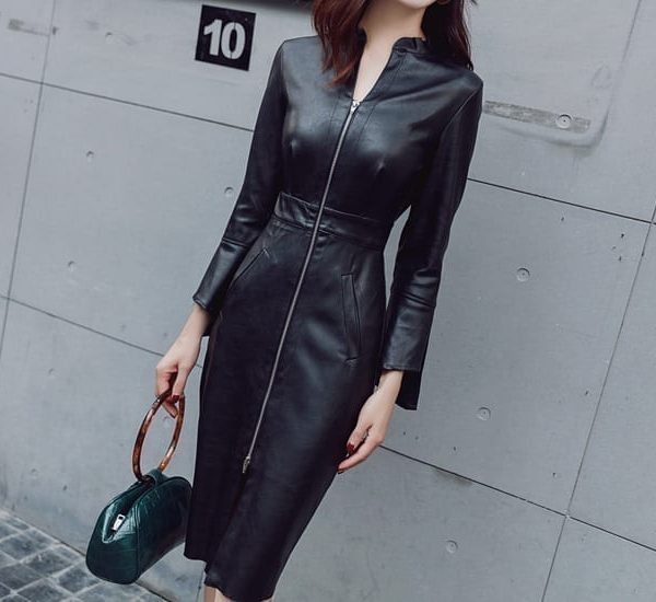 Black Zipper Sheath V Neck Long Sleeve Synthetic Leather Bodycon Dress