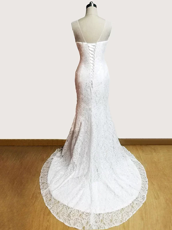 White Lace Lace Up Back Beaded Mermaid Wedding Dress